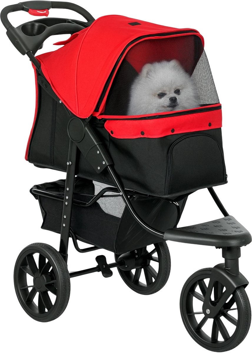 Hondenbuggy – Opvouwbare Wandelwagen tot 10 kg met 3 Wielen, Mesh Vensters & Opbergmand – Rood