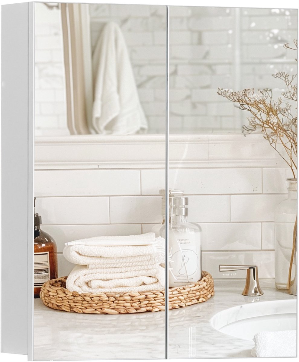 M-Goods Badkamerkast met Spiegel - Wandgemonteerd Badkamermeubel - 3 Verstelbare Planken - Wit MDF - 50x13x60 cm