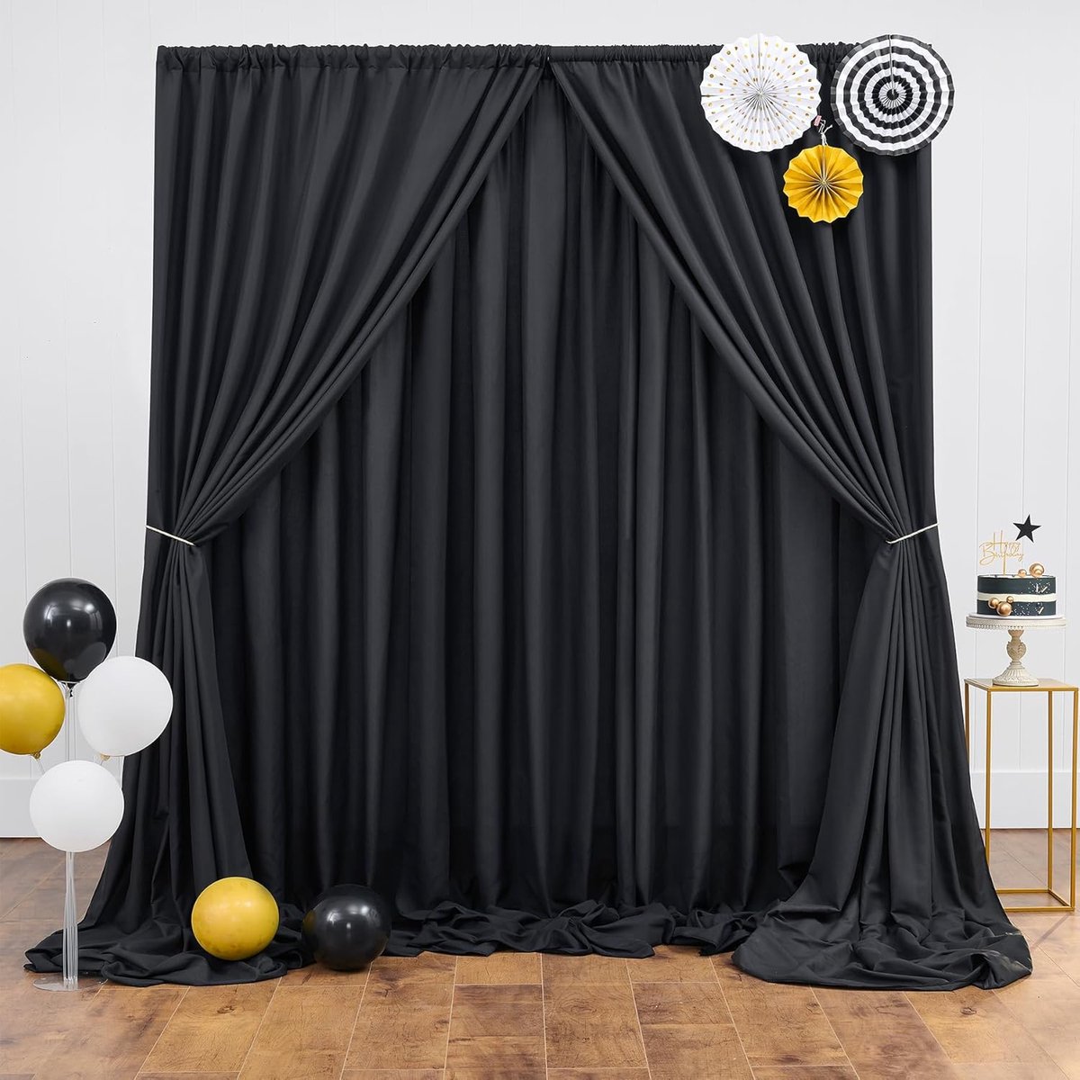 SnelShoppen - 6m x 3m Zwarte Partij Achtergrond Gordijn - 4 Panelen Polyester Bruiloft Achtergrond voor Verjaardagsfotografie, Feesten en Thuisdecorat