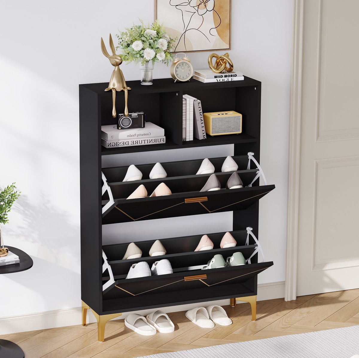 COVREO Schoenenkast 80 x 25 x 117 cm – zwart, MDF en metaal, 2 klepdeuren met opbergvakken
