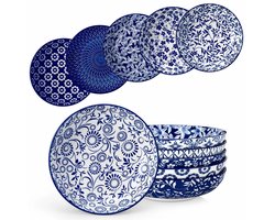 6-delige Keramische Pastakom Set 40 oz – Grote Porseleinen Soep-, Salade- & Noodelkommen met Bloemenpatroon – Blauw/Wit