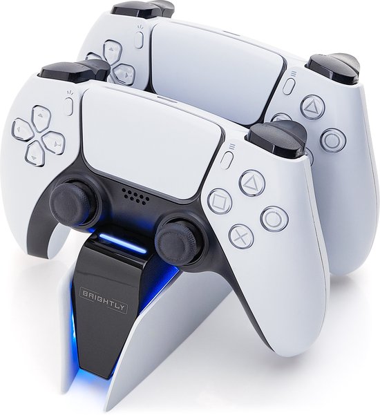 Zwart laadstation met blauwe LED-verlichting, met twee witte PS5 controllers.