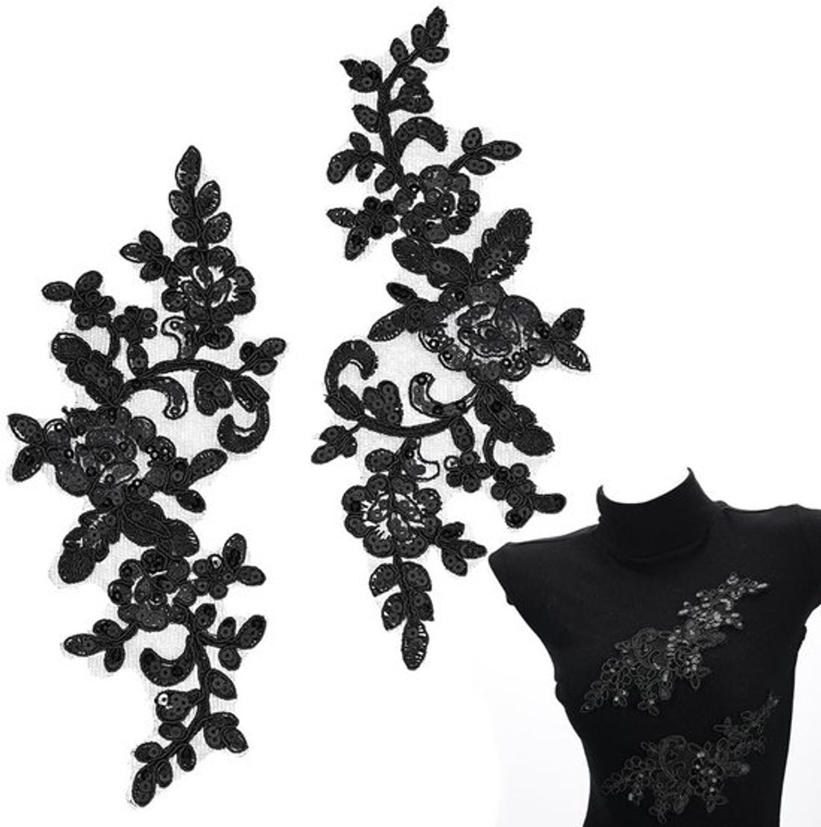 Appliques 4 Stuks - Borduurwerk Pailletten - Zwarte Bladbloemen - Decoratieve Bloemen - Polyester - 24x10x0,15 cm - Patches