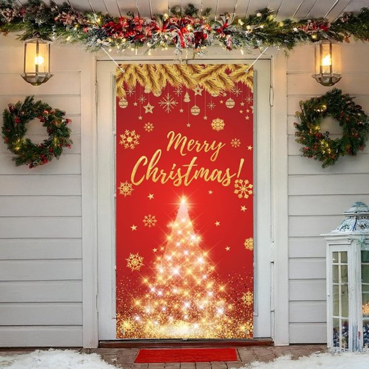 Deurbekleding Gouden Ster - Kerst Decoratie - Achtergrond voor Voordeur - Wanddecoratie - Feestartikelen - Stevige Stof 70,8x35 voet - Kerstdecoratie