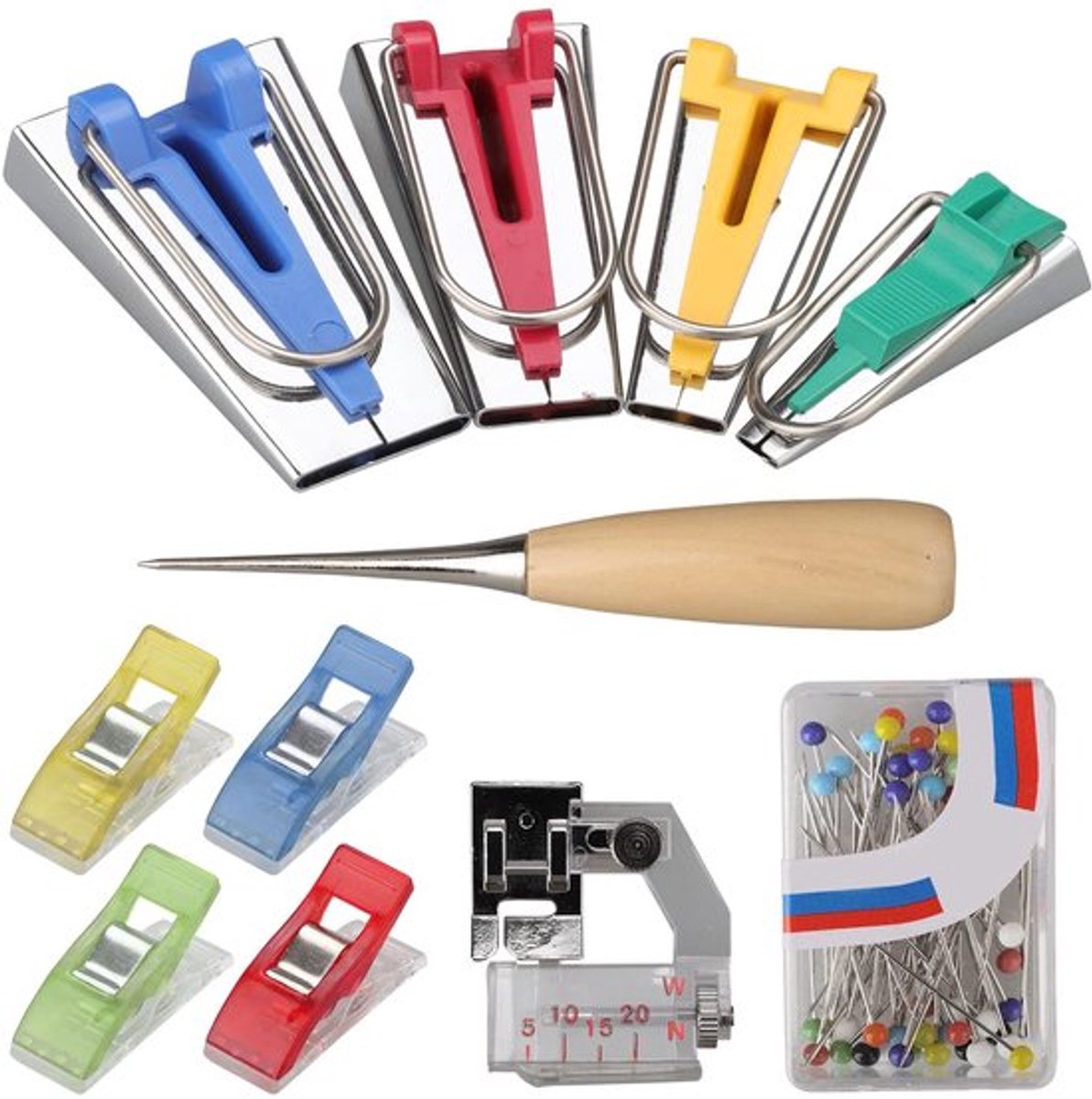 Biaisbandmaker set 11-delig - 4 maten 6/12/18/25 mm - Naaigereedschap - Biaisbandvormer - Duurzaam - Inclusief naaiklemmen en pinnen - Naaiaccessoire