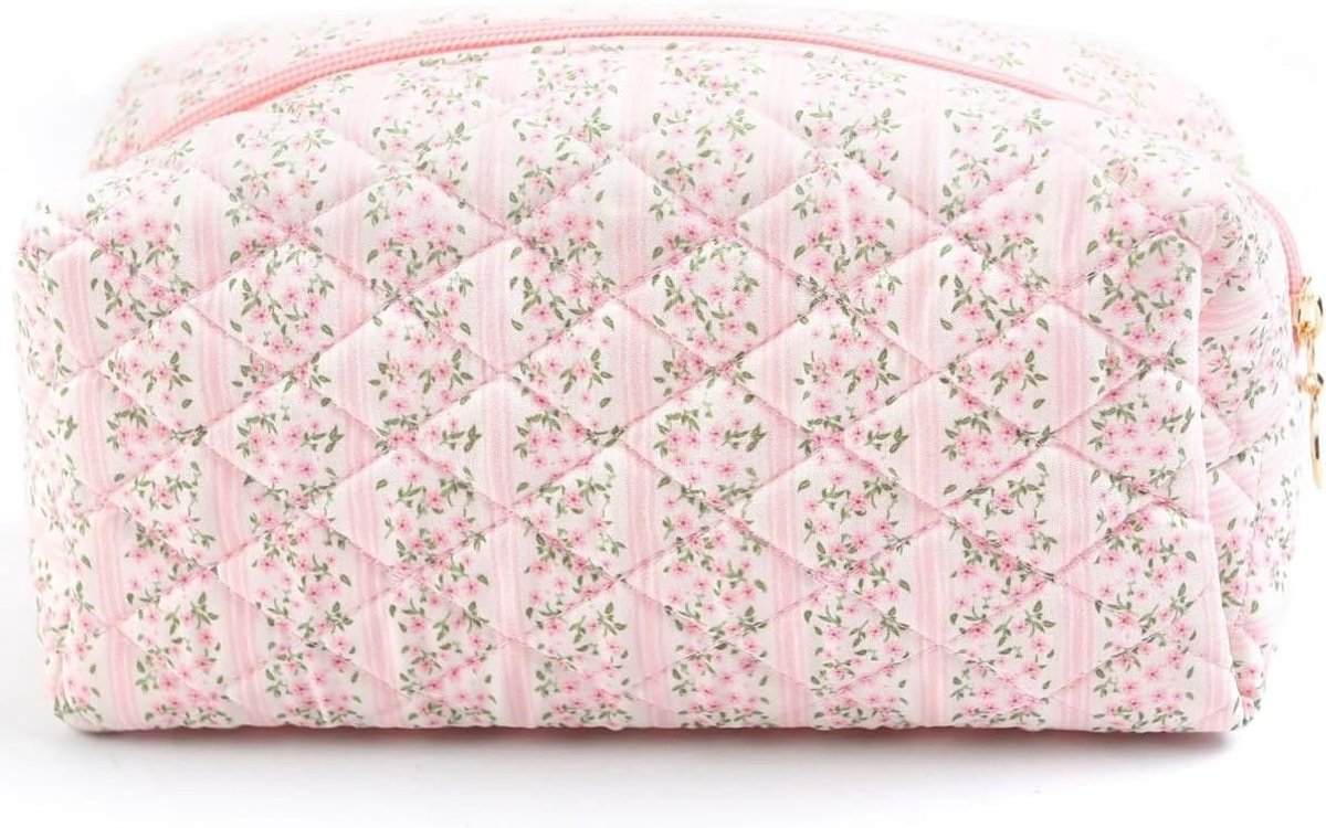 Bloemen Make-uptas - Cosmetische Pouch - Dagelijks Gebruik - Gewatteerd Ontwerp - 20 cm Breed - Roze