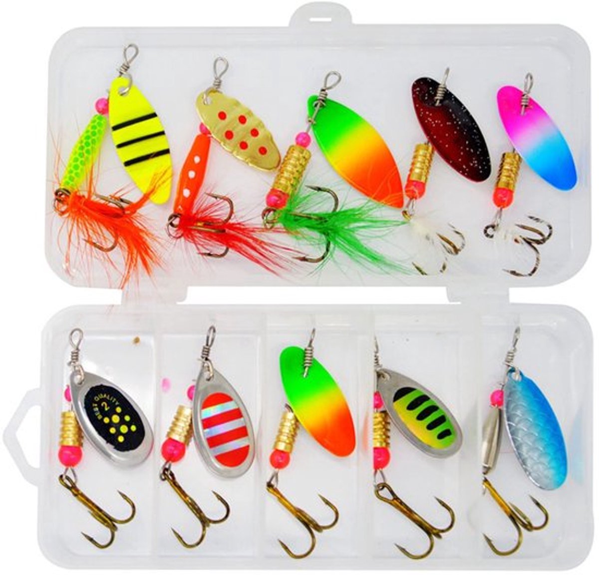 Spinner Kunstmatige Visserij - 10 Stuk Set - Forellepel/Kunsthaas - Drietandige Haak - Neon Kleuren - Hoogwaardige Materialen - Kunstaas