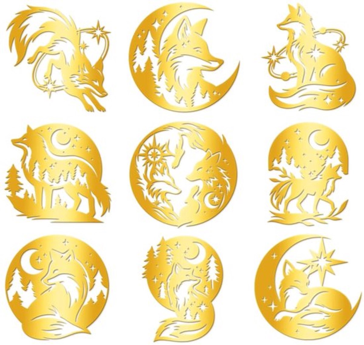 Decoratieve Stickers Goud - 9 Stuks - Waterdicht - Zelfklevend - Vos/Maan/Ster - 4 cm x 4 cm - Metalen Decoratie - Decoratiestickers