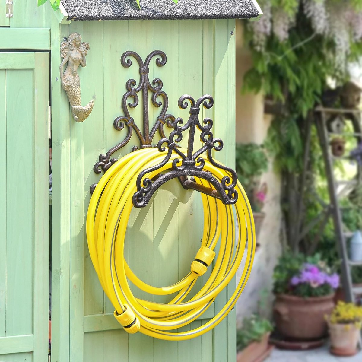 SnelShoppen - Heavy Duty gietijzeren tuinslanghouder - wandgemonteerde waterslanghanger met Europees vintage patroon - decoratief slangenrek voor grot