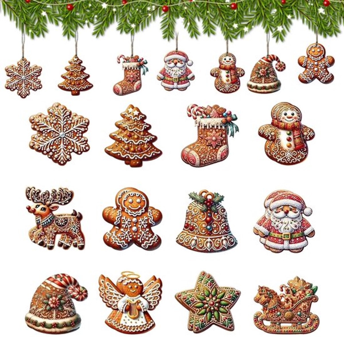 Kerstboomversiering 24 Stuks - Houten Versiering - Kerstversiering met Koord - Om Op Te Hangen - Decoratie voor de Boom - Feestelijke Sfeer - Kerstdecoratie