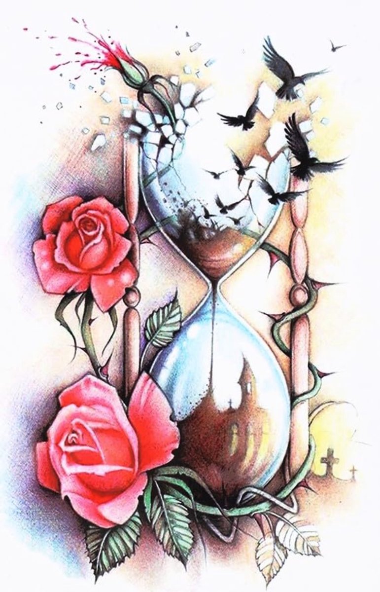 Temporary Tattoo Zandloper / Rode Rozen (A5 formaat) [Neptattoo - Tijdelijke tatoeage - Nep Fake Tattoos - Water overdraagbare festival sticker henna outfit tattoo - Glitter tattoo - Volwassenen Kinderen Jongen Meisje]