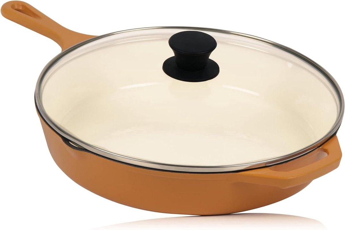 Gietijzeren pan Braadpan met deksel Koken en braden Geëmailleerd oppervlak Ø 295 cm Sunny Orange