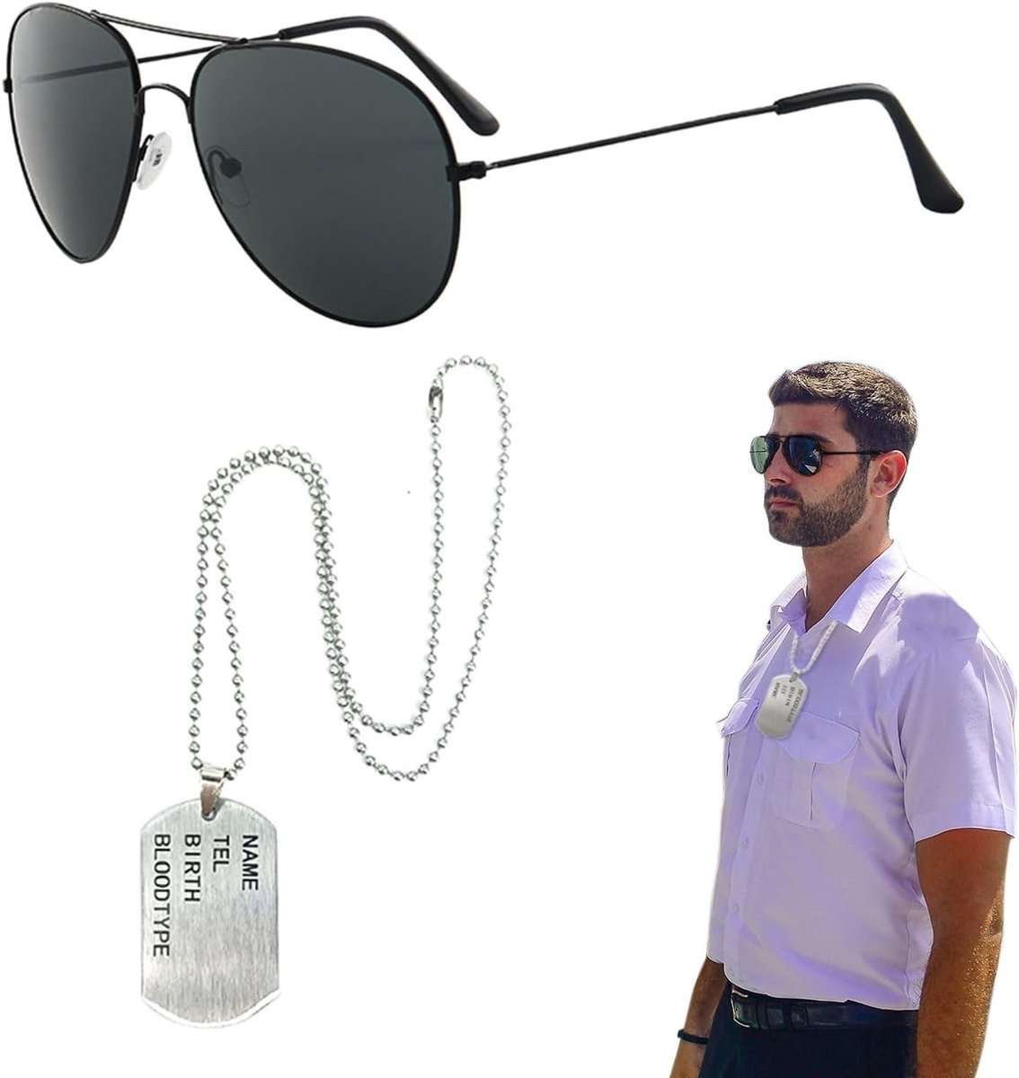 Twee Delige Militaire Kapitein Kostuum met Zonnebril en Dog Tag Accessoires voor Halloween, Verkleedfeest en Rollenspel