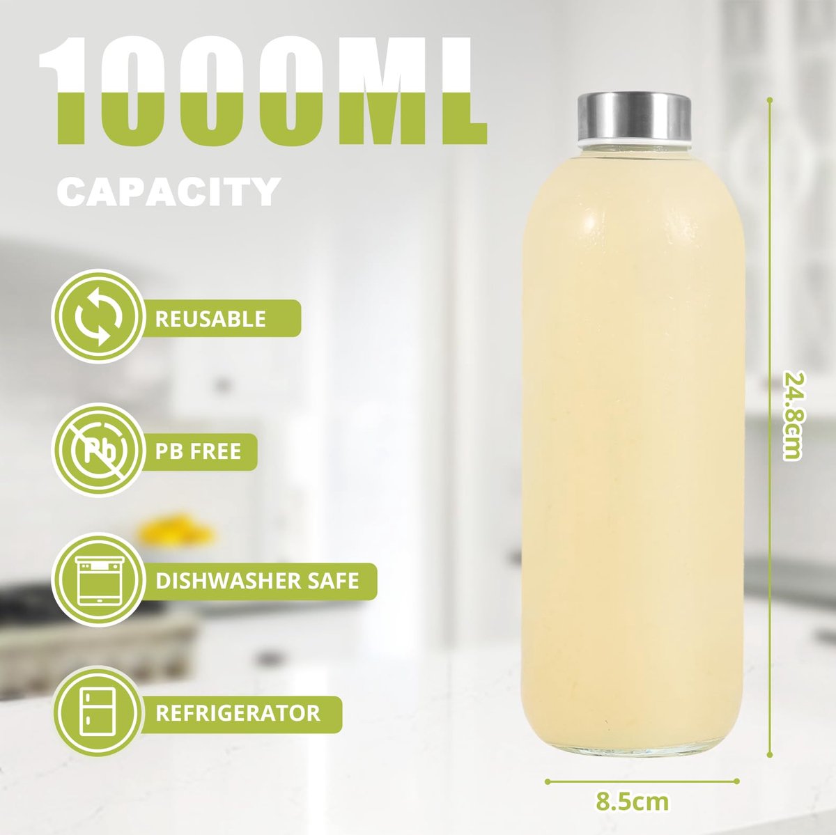 SnelShoppen - Glazen waterflessen met roestvrijstalen deksels, lekvrije herbruikbare drinkflessen voor warme en koude dranken, 1000 ml, set van 6, ide