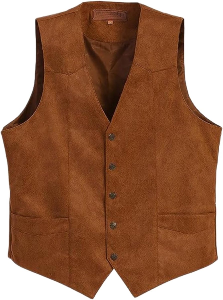 Klassiek V-hals herenvest van imitatiesuède, mouwloos en casual, perfect voor bruiloften en formele gelegenheden, met zakken en vintage uitstraling