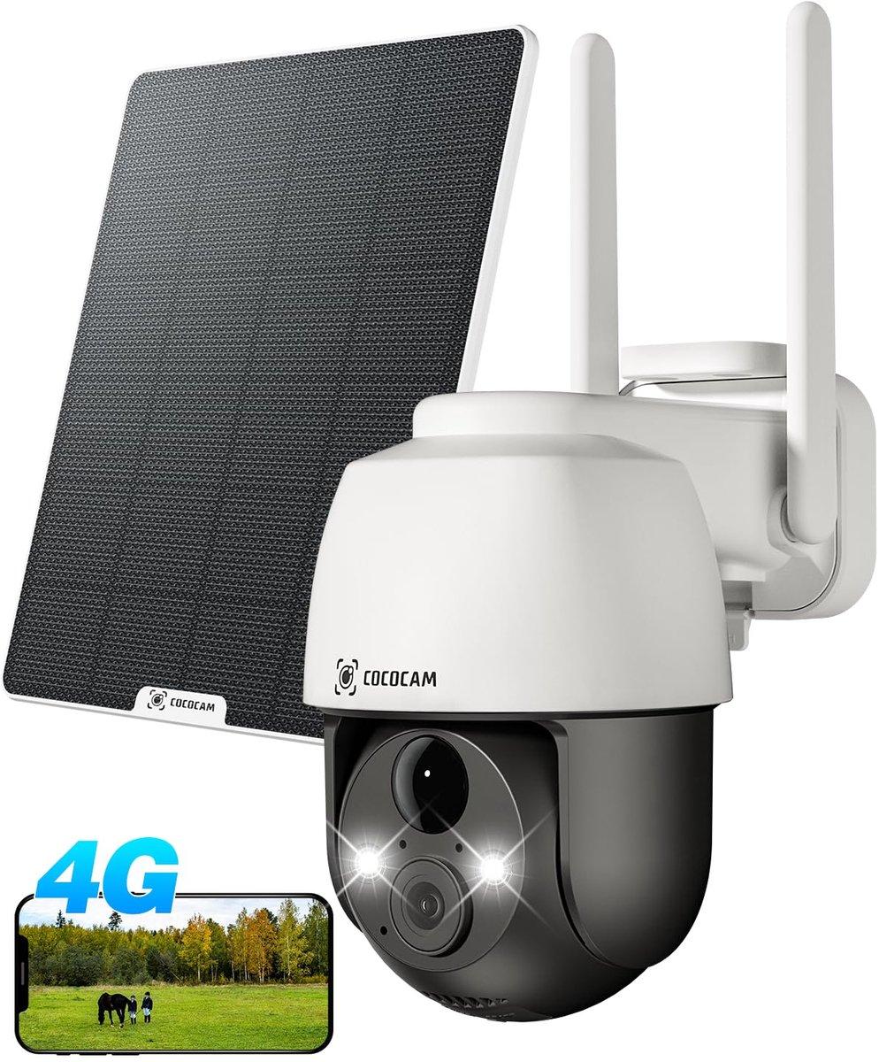 SnelShoppen - Draadloze 2K Zonnebeveiligingscamera voor Buiten - COCOCAM 3G/4G LTE - PIR Menselijke Detectie, AI-Herkenning, 355° Panorama, Inclusief