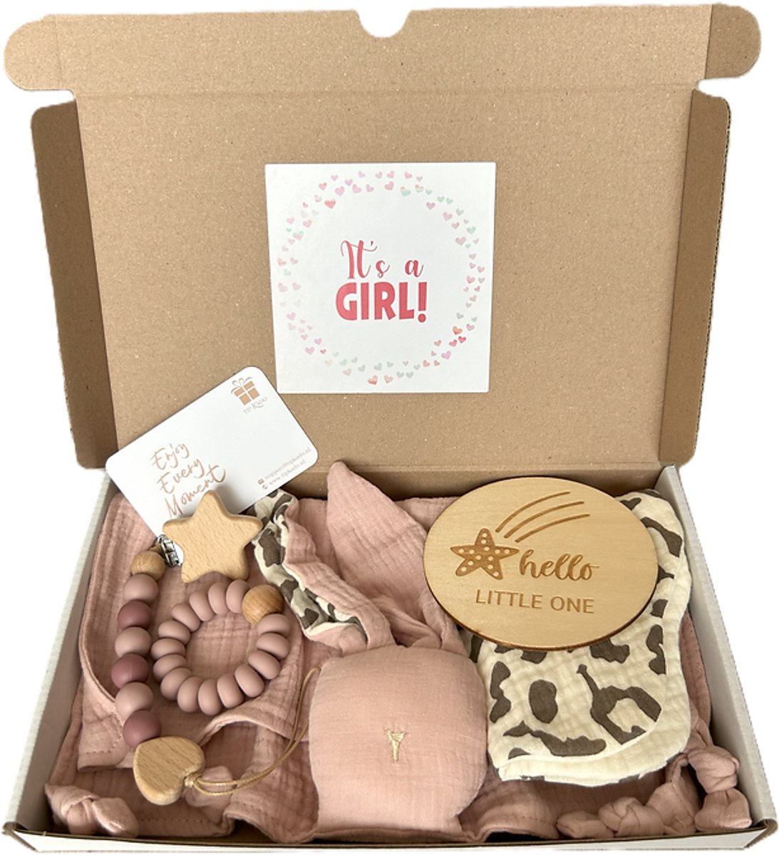 Baby meisje brievenbus cadeau - knuffel - slab - speenkoord - bijtring