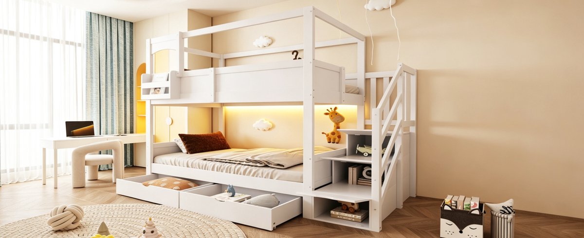STILVORA Stapelbed 90x200 cm Zonder Matras – Houten Huisdesign Kinderbed Met Veiligheidshekken – Trap Met Opbergruimte, Legplank En Tafel – Wit