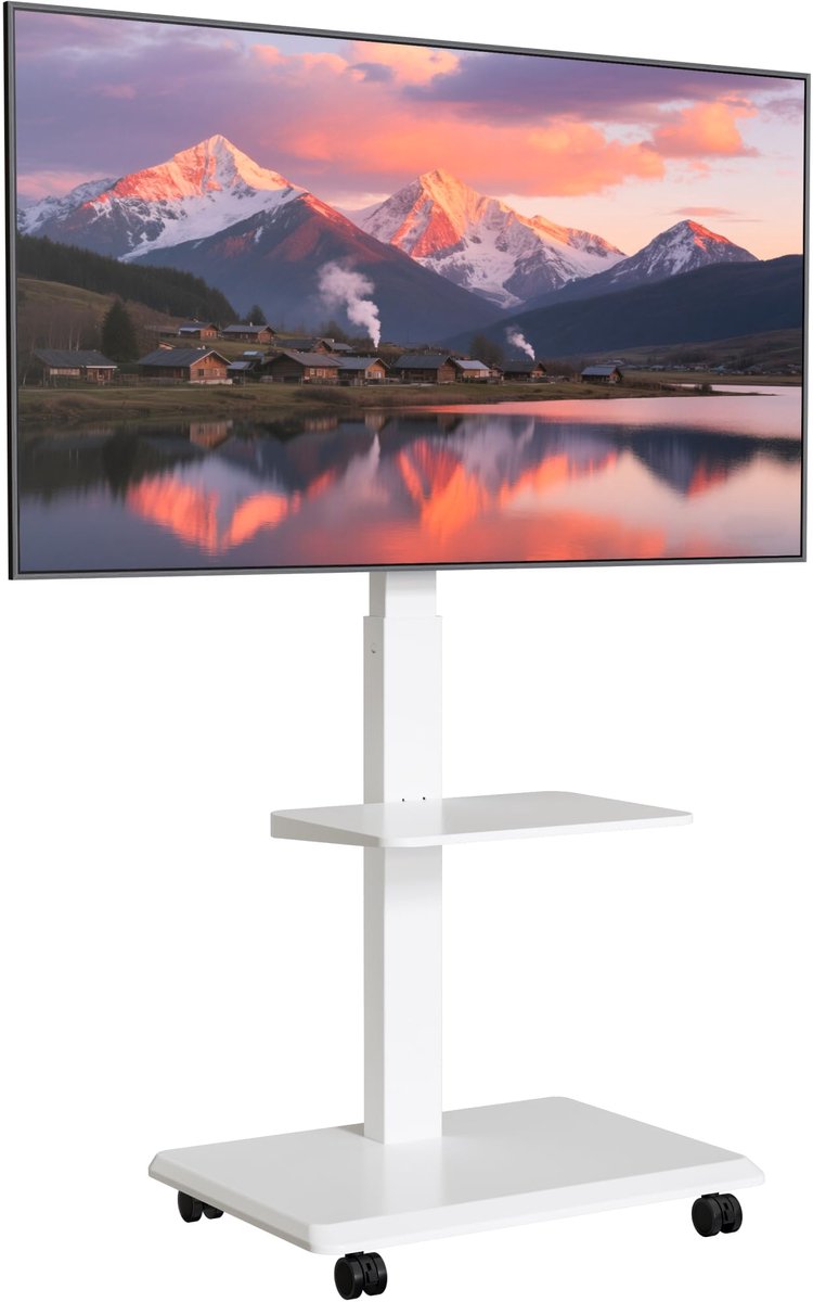 SnelShoppen - Mobiele TV Standaard op Wielen voor 32-75 inch TV tot 50 kg, Draaibaar, Hoogte Verstelbare TV Rolwagen met Plank en Verborgen Kabelbehee