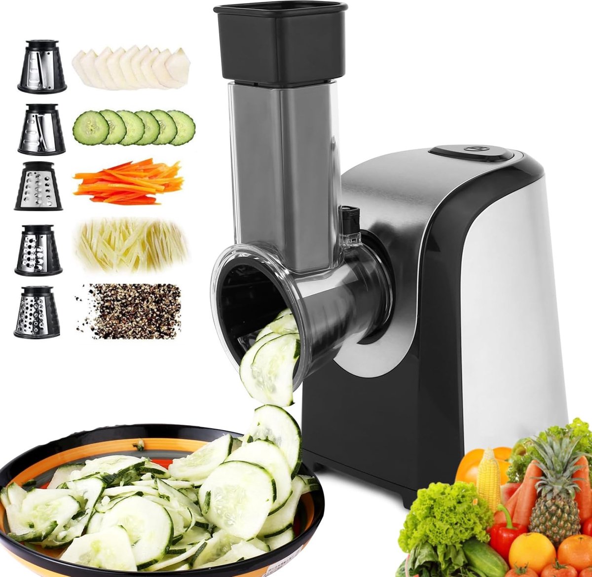 SnelShoppen - Elektrische Groentecutter 150W - Multifunctionele Keuken Chopper 5-in-1 voor Groenten, Kaas en Fruit - Snelle en Efficiënte Hakker in Zi
