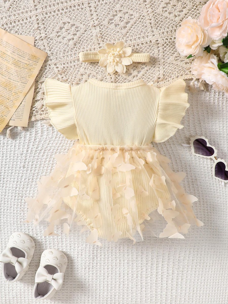 SnelShoppen - Rompertjes voor Babymeisjes met Hoofdband, Vlinderprint van Tule, Prinsessenoutfit met Geribbelde Vliegende Mouwen, Bodypak voor Pasgebo