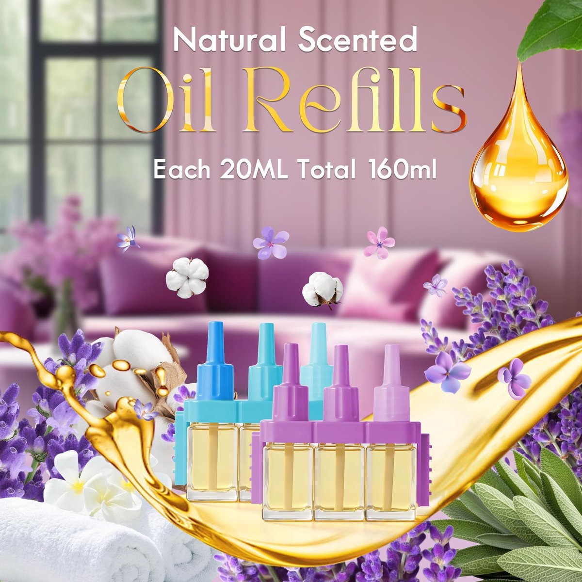 SnelShoppen - Navulverpakking Geuroliën voor Febreze 3Volution - 8 Stuks - Lavendel, Eucalyptus, Salie, Linnen, Katoen, Zeebries - Ideaal voor Slaapka