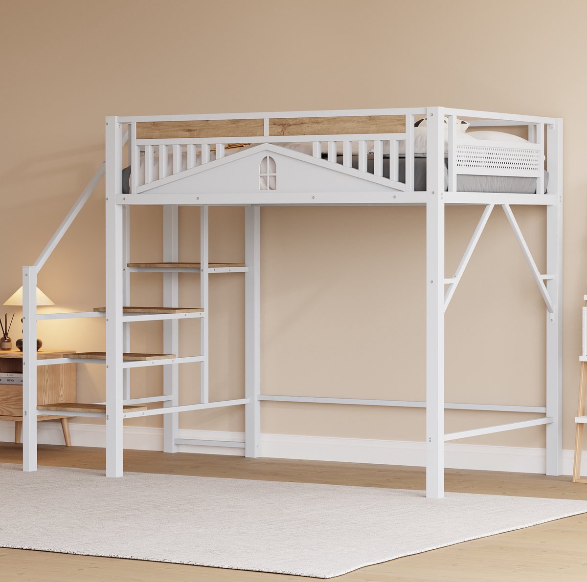 COVREO Hoogslaper met veiligheidsladder – Metalen bedframe met opbergruimte – Slaapplaats voor leren en spelen – 255x145x170 cm – Wit - zonder matras