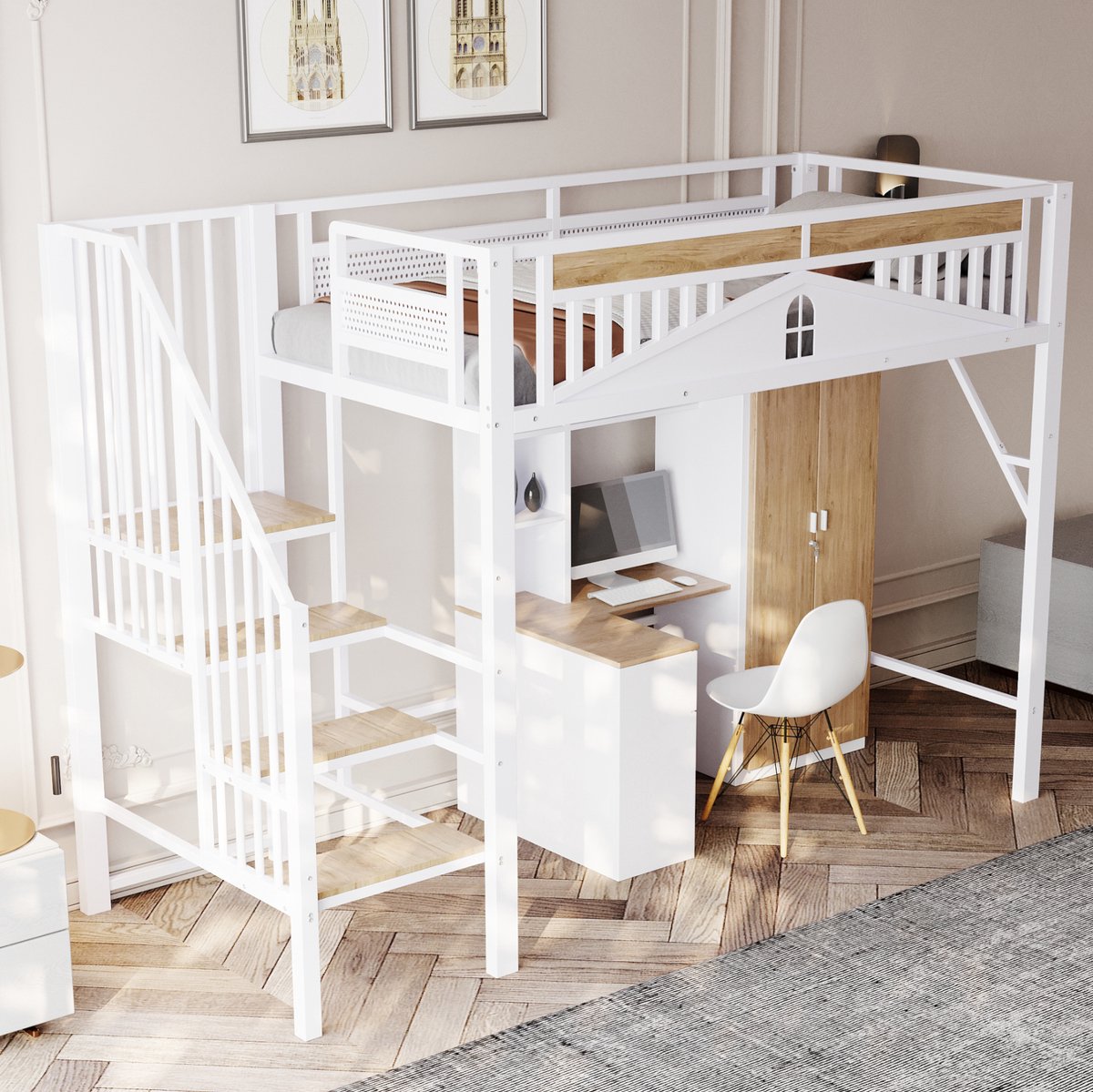 COVREO Hoogslaper met veiligheidsladder en opbergruimte – 255x95x170 cm – Metalen bedframe voor kinderkamer – Wit - zonder matras