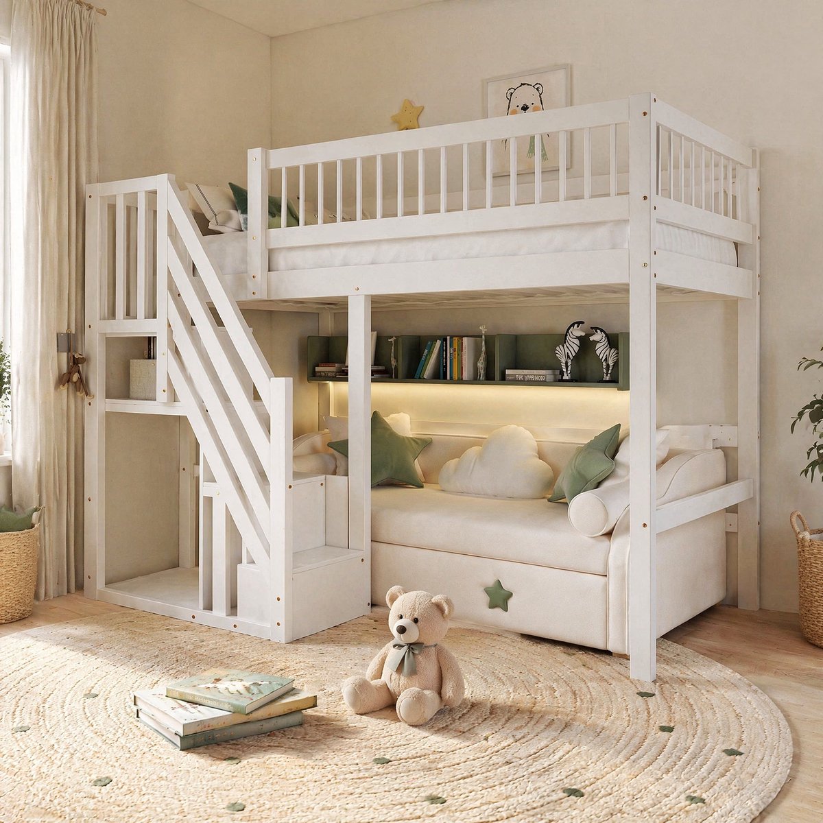 COVREO Houten hoogslaper met trap en opbergruimte – 205x142x173 cm – Eenpersoonsbed voor kinderen en tieners – met hoge omheining en stabiel frame – Wit - zonder matras White