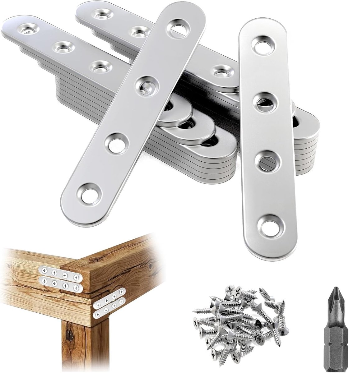 Set van 20 RVS Platenverbindingen 16 x 96 mm, Geperforeerde Metaalplaat, Inclusief Schroeven en Bit, Ideaal voor Houtverbindingen en Constructies