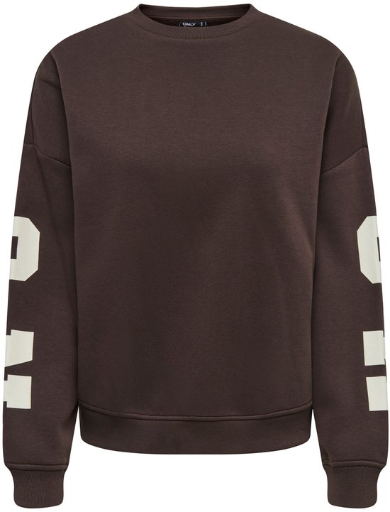 Donkerbruine sweater met lange mouwen en witte cijfers op de mouwen. Merklogo 'ONLY' bovenin.