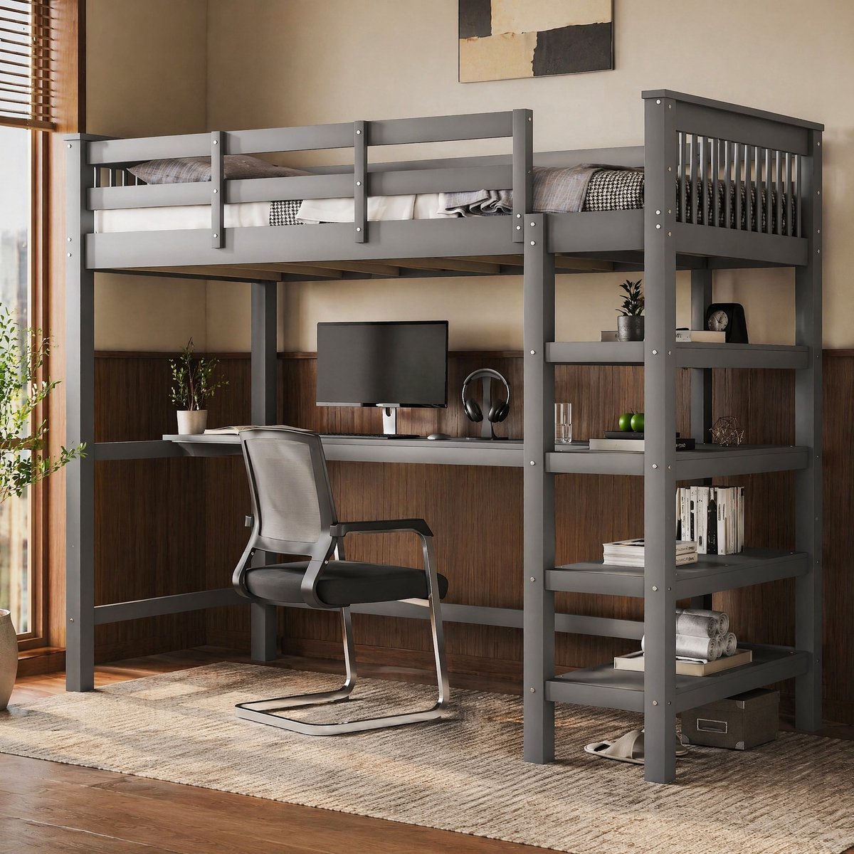 COVREO Hoogslaper met bureau en vakken – 90x200 cm – Bed van grenenhout en MDF – voor kinderkamer en studio – Grijs - zonder matras