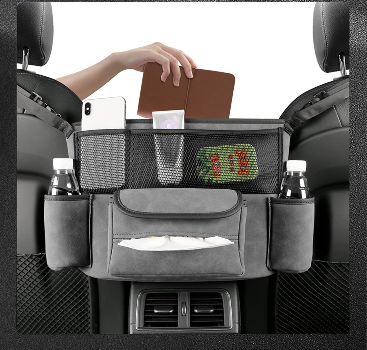SnelShoppen - Auto Handtas Houder Tussen Stoelen Suede Organizer voor Documenten en Telefoons - Grote Capaciteit - Grijs - Voor Stoelen in Auto