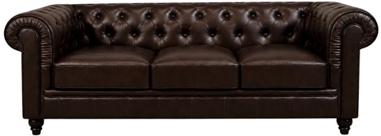 Donkerbruine 3-zits Chesterfield bank in leer.