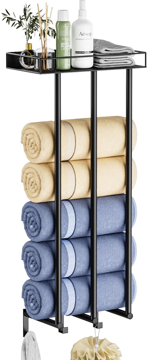 SnelShoppen - Wandgemonteerd Handdoekenrek voor Badkamer - Opgerolde Handdoeken Organizer met Metalen Plank en 3 Haken - 3 Staven Handdoekhouder - Com