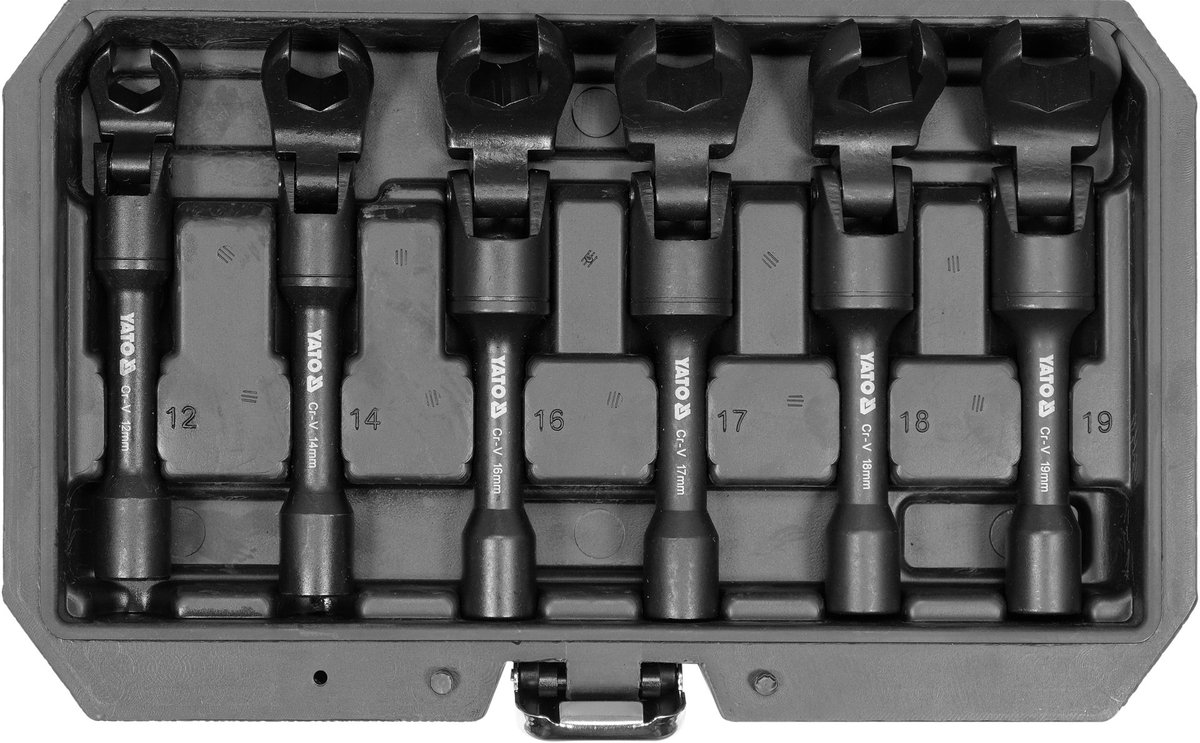 YATO Professionele Open Kniegewricht Leidingsleutelset – 6-Delig (12–19 mm) – Voor Sensoren, Hydrauliek, Rem- & Brandstofleidingen – Gehard 40Cr/CrV Staal – Inclusief Opbergkoffer