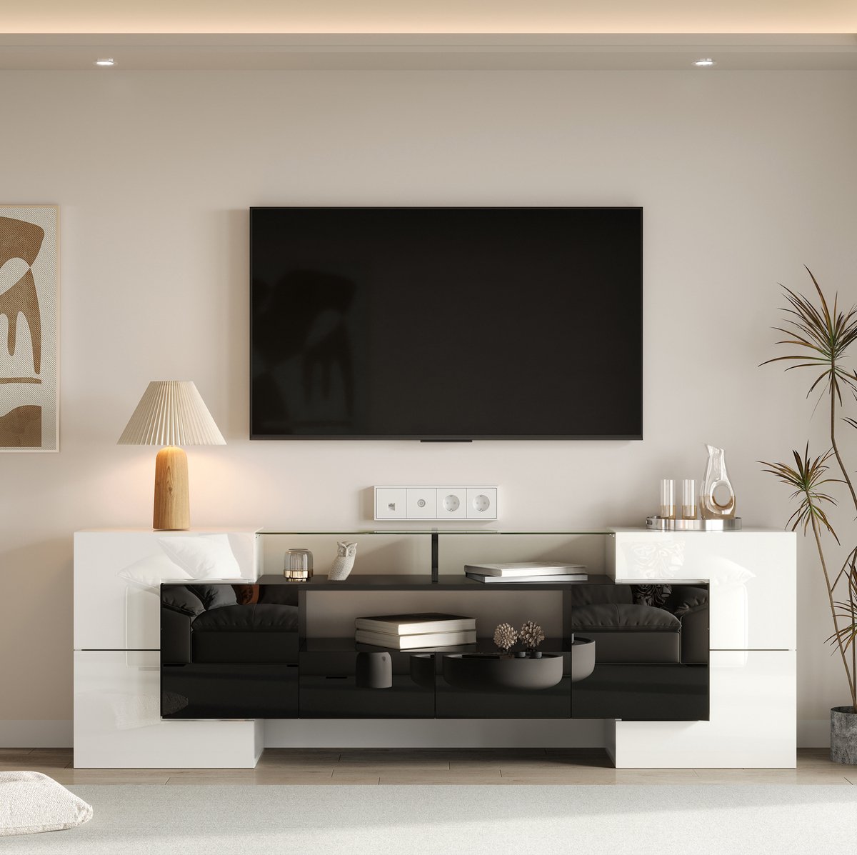 COVREO TV meubel 200 x 35 x 60 cm - wit zwart, LED-verlichting, 6 deuren en 2 lades