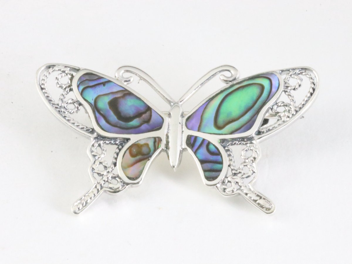 Zilveren vlinder broche met abalone schelp
