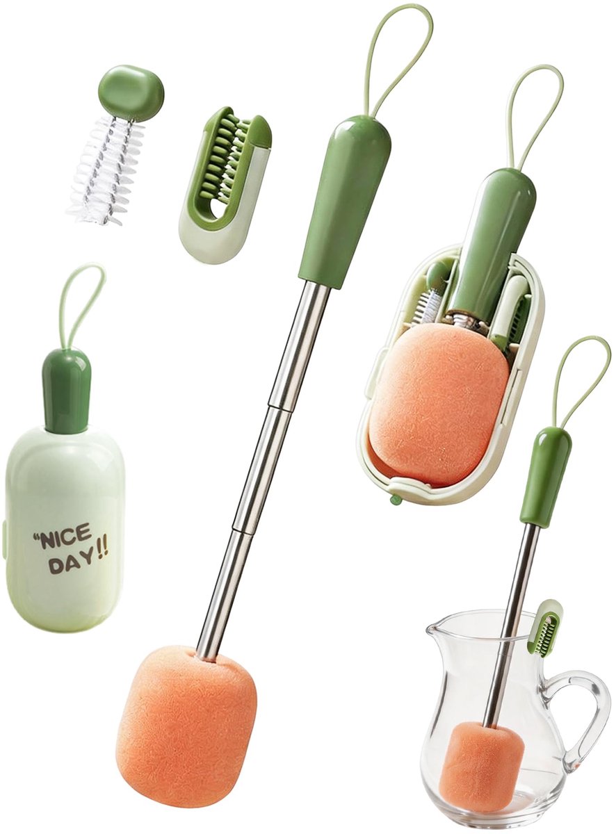 Namajunas - 4-in-1 draagbare schoonmaak borstel set - Reiniging borstel voor waterflessen met lange, uitschuifbare steel - Flessenborstel - Multifunctioneel schoon maak gereedschap - Voor babyflesjes, bekers en meer - Met 3 gratis opzetstukken