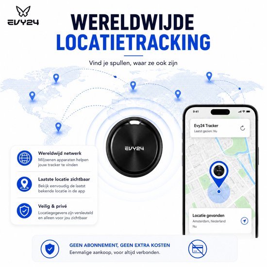 Zwarte Evy24 tracker op de wereldkaart met locaties en op een smartphone met kaartweergave.