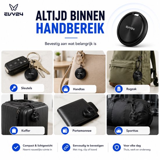 Zwarte Evy24 tracker bevestigd aan autosleutels, handtas, rugzak, koffer, portemonnee en sporttas.