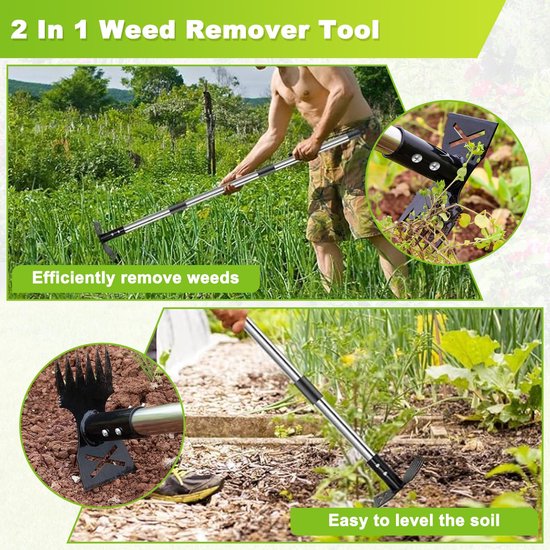 Ergonomische Onkruidverwijderaar met 148 cm Lange Handgreep, 2-in-1 Tuinhark en Tuinhouweel, Stevige Tuinwerkzaamheden, Onkruid Uittrekken en Verwijderen — afbeelding 3