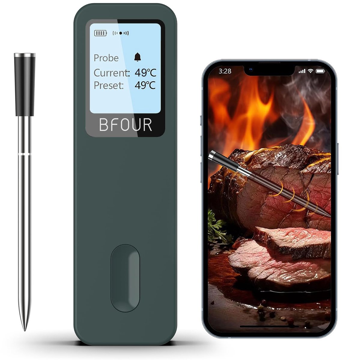 SnelShoppen - Draadloze Vleesthermometer Bluetooth met App, Smart Kerntemperatuurmeter met Groot Display, IP67 Waterdicht, Perfect voor Barbecue, Oven