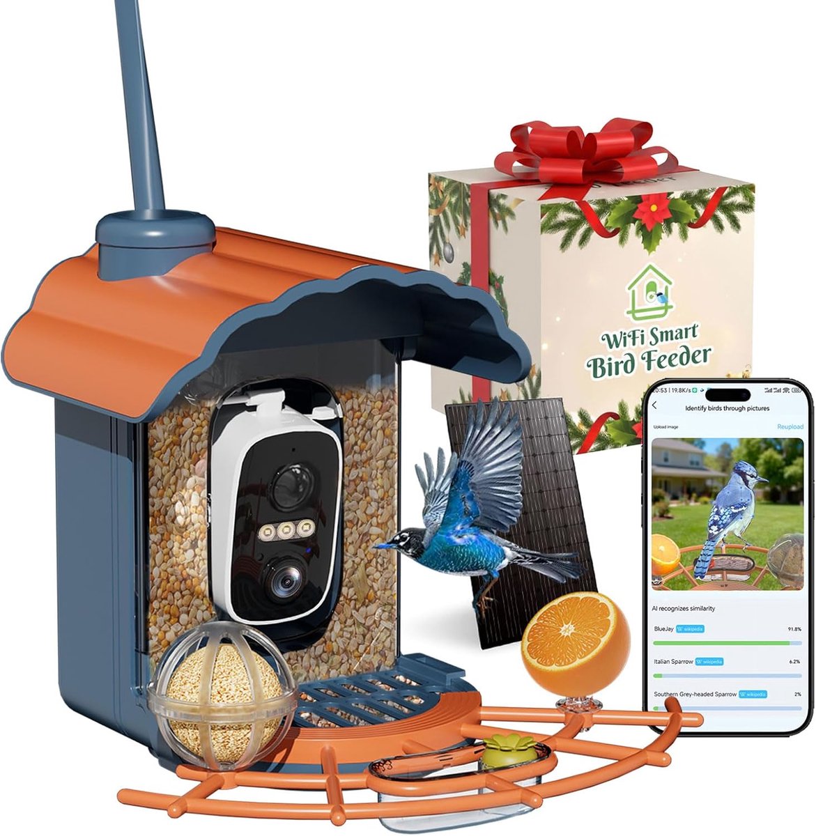 Slimme vogelvoeder met 2K-camera: Draadloze vogelvoeder voor buiten met AI-herkenning van vogelsoorten, werkt op zonne-energie, HD-videostreaming en directe aankomstmeldingen.