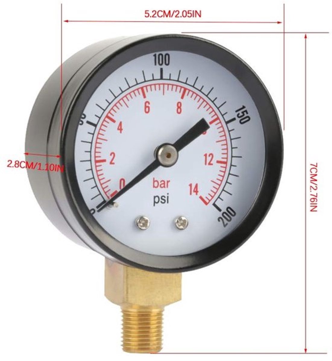 Manometer Dual Scale - Drukmeter voor Lucht en Gas - Corrosiebestendig - Metaal - Watermeter - Bevestiging - Geschikt voor Air Tank