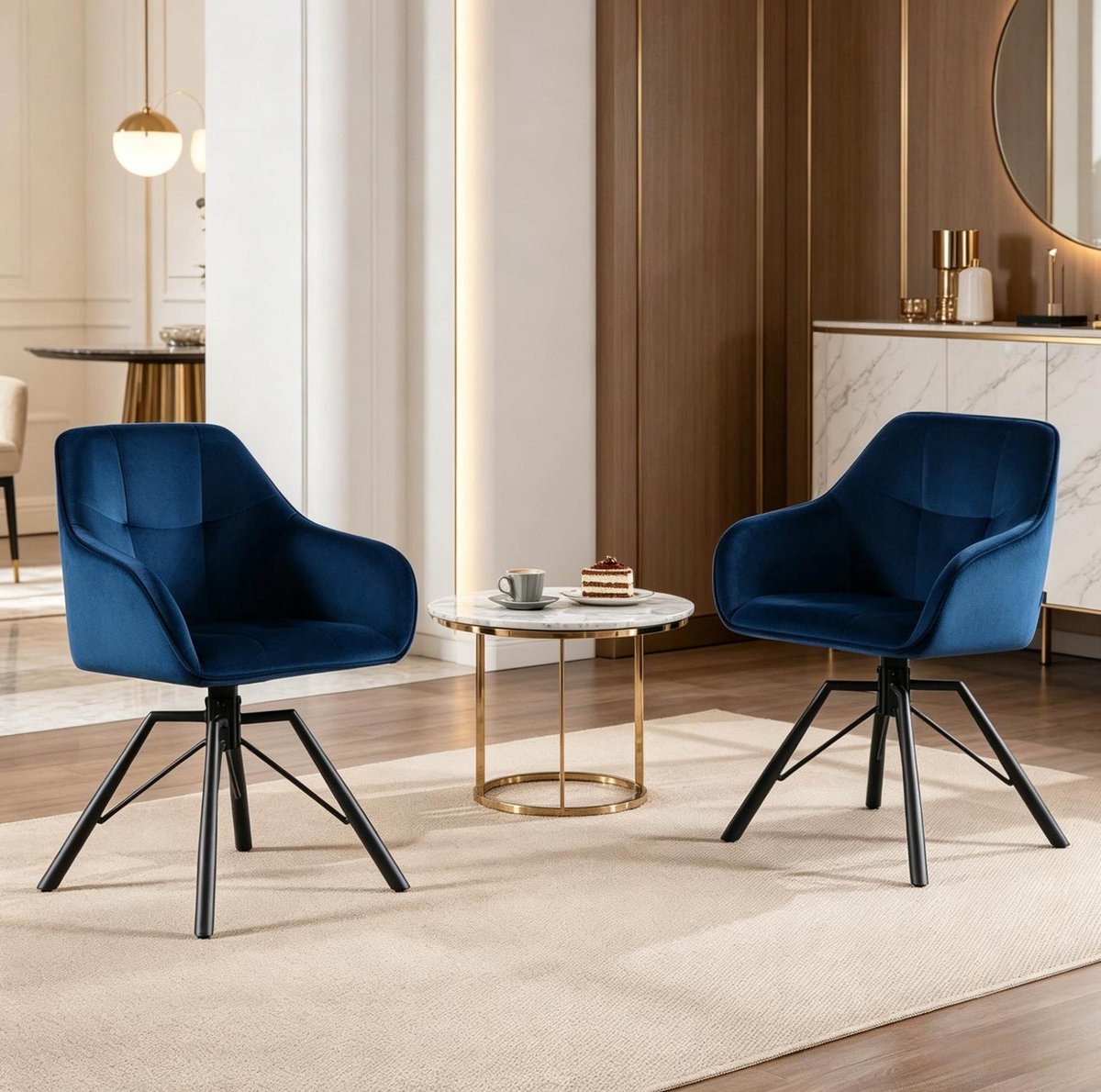 STILVORA Eetkamerstoel 58,5 x 82,5 x 54,5 Cm - 360 Graden Draaibaar Met Armleuningen - Voor Eetkamer En Woonkamer - Velvet Metaal - Blauw