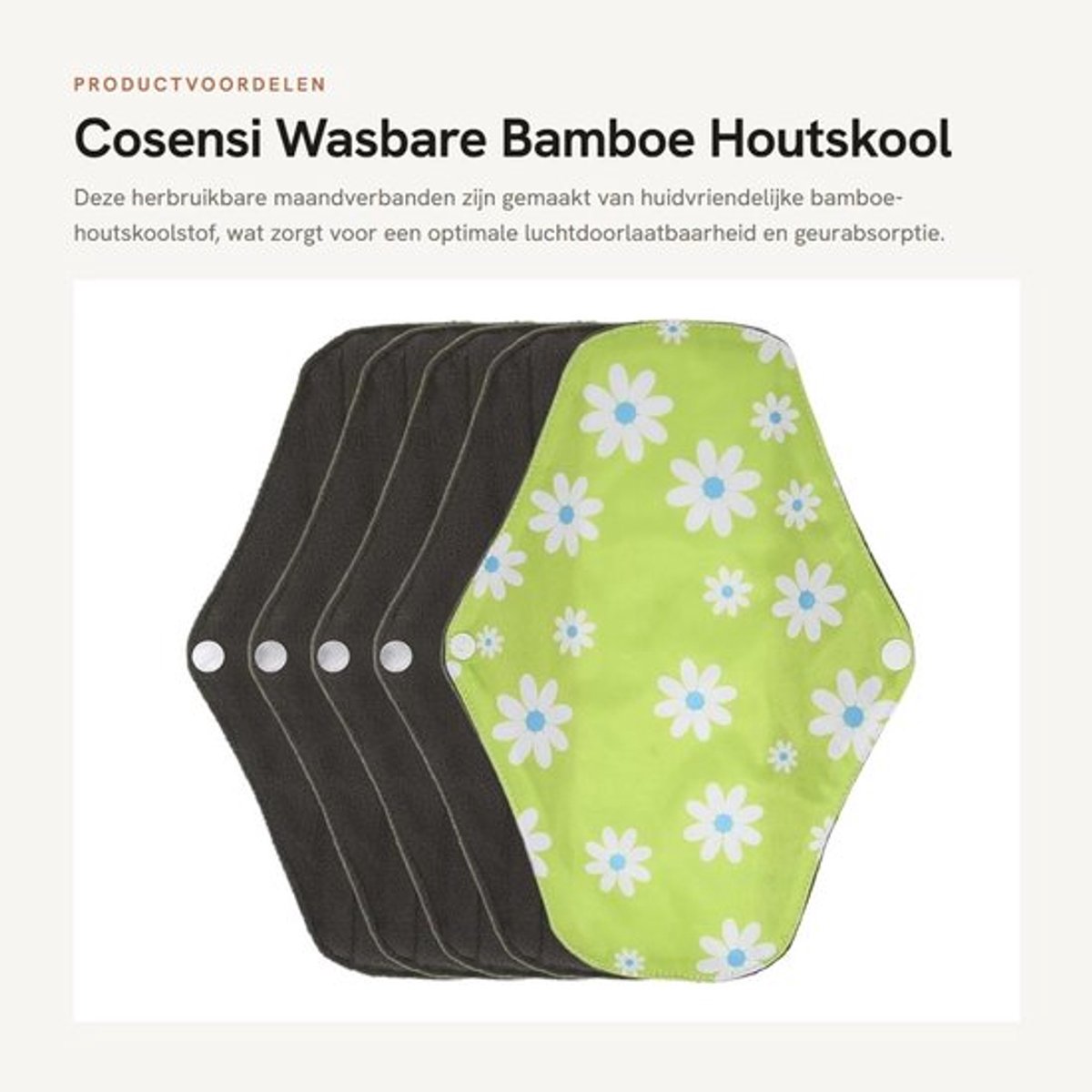 Maandverband Herbruikbaar - Bamboe/Houtskool - Huidvriendelijk - Waterdicht - Geurabsorberend - 5 Stuks - Menstruatieverband