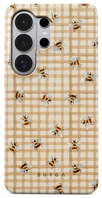 Telefoonhoesje met beige ruitjespatroon en schattige bijtjes erop, met het Burga-logo.