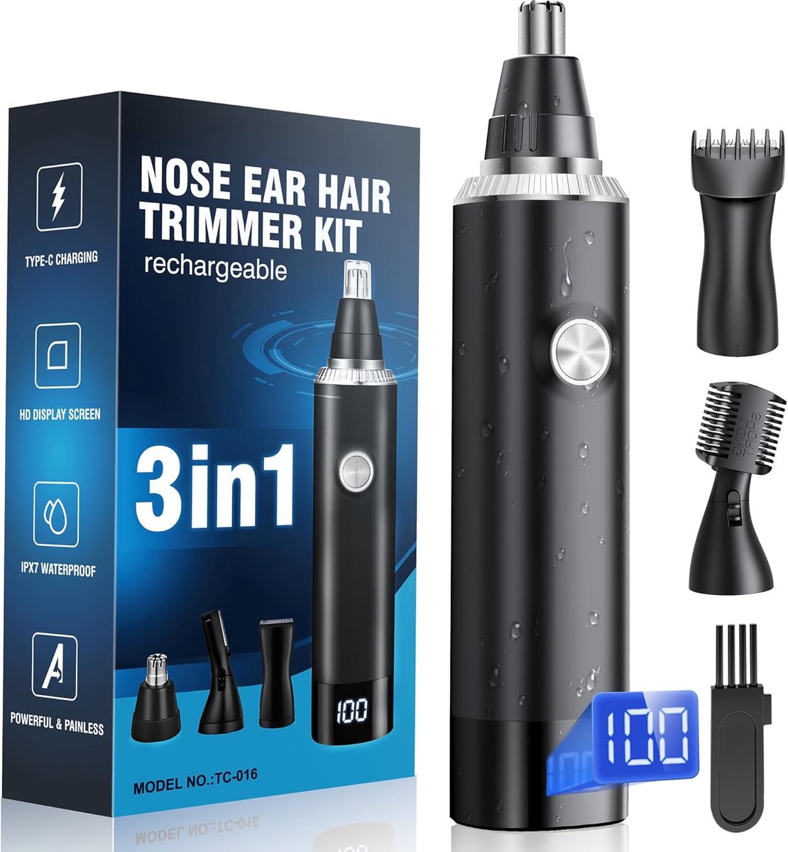 SnelShoppen - Neushaartrimmer 3 in 1, USB Oplaadbare Pijnloze Neustrimmer voor Mannen en Vrouwen, LED-Scherm, IPX7 Waterdicht, Dubbele Messen, Zwart,