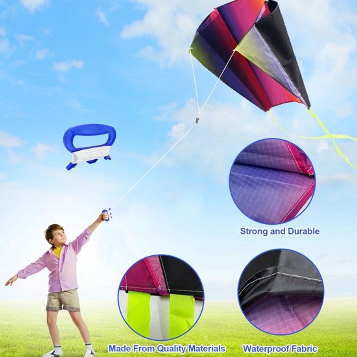 Vlieger Regenboog - 3 Kleurrijke Vliegers - Handgreep - Draaktouw - Scheurbestendig Polyester - Geschikt voor Kleuters